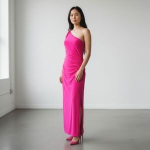 Pink One Shoulder Cocktail Dress Size 14 Maxi Ruched Barbiecore Stretch Party